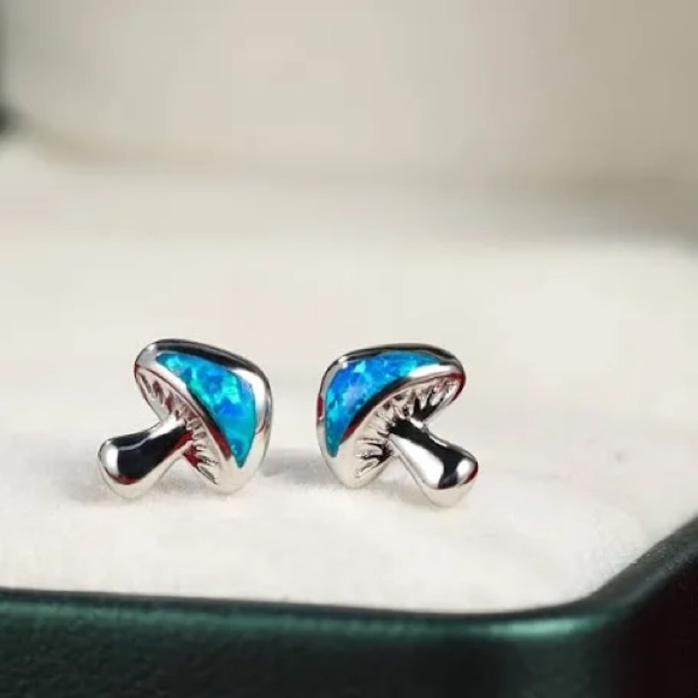 Turquoise Blue Mushroom Stud Earrings with Silver Stem